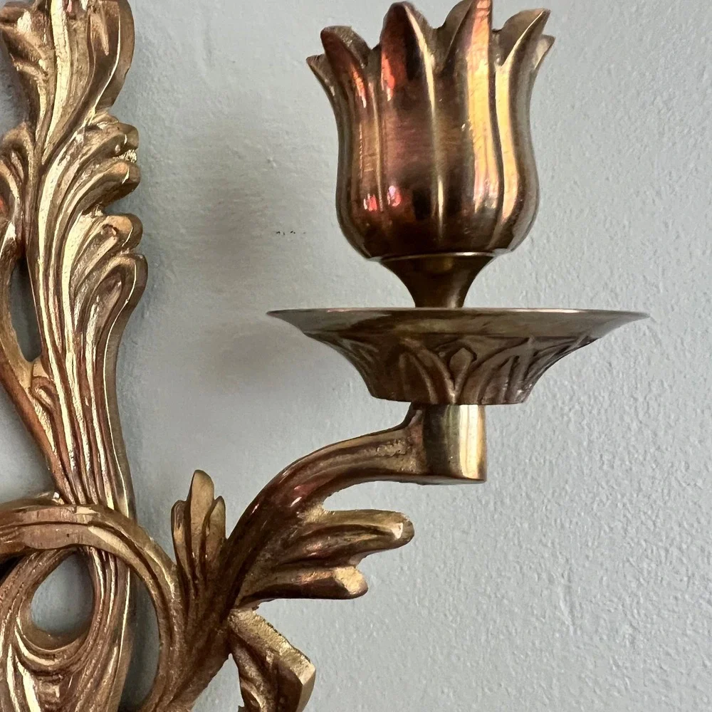 Vintage Brass Rococo Wall Candle Sconces Pair 2 Arm Acanthus Hollywood Regency